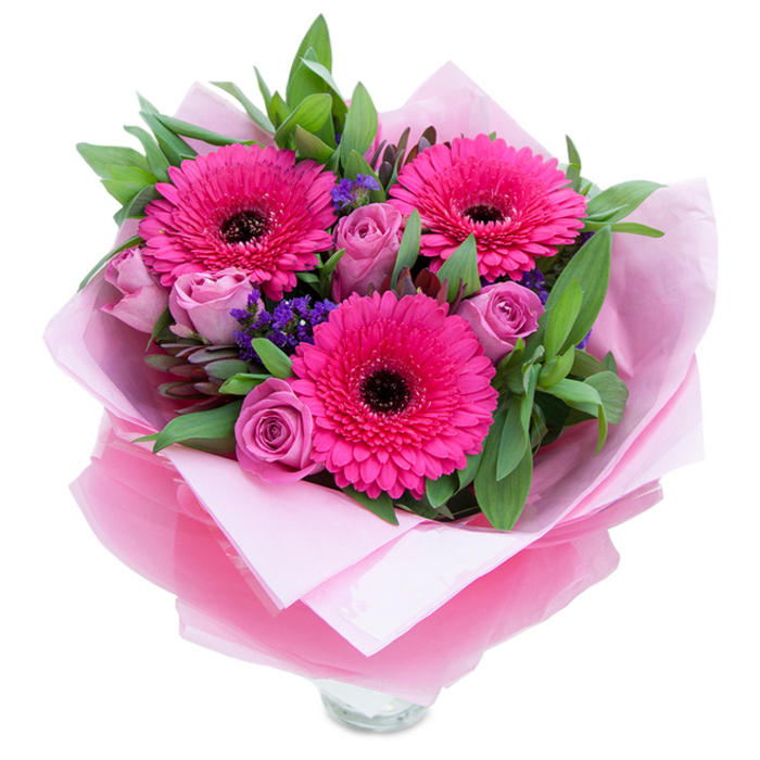 An intimate bouquet that balances playful energy with gentle refinement, presented against a stark white field that highlights every petal and leaf. Three fuchsia-pink Gerbera daisies dominate the view, their multiple, evenly spaced petals opening wide from deep, dark centres that lend a bold, almost dramatic punctuation to the soft palette. Surrounding them, roses in a muted lavender-pink or dusty-rose stage hold their form in compact buds, the tightly wrapped petals promising further unfolding and releasing a subtle, classic rose scent that feels comforting rather than overpowering. Clusters of purple statice or limonium are tucked within the mix, introducing a papery texture and a cool violet note that plays off the warmer pinks. The greenery behind and between the flowers-broad salal-like leaves or eucalyptus-adds structural depth and a faint, fresh herbal aroma, framing the bouquet with a natural, garden-like fullness. Carefully wrapped for gifting, the arrangement rests on an inner layer of soft matte pale-pink tissue paper, and a translucent, slightly crinkled fuchsia-pink cellophane sits over the top, catching the light with a delicate sheen; the folds are neat, indicating attentive hand-finishing. The clear glass vase rim is visible at the base, suggesting the bouquet is meant for immediate display on a Fitzrovia kitchen counter or to adorn a desk near Goodge Street. This composition reads as both celebratory and tender-ideal for anniversaries, Mother's Day, or an everyday gesture of affection that speaks of local craftsmanship and freshness.