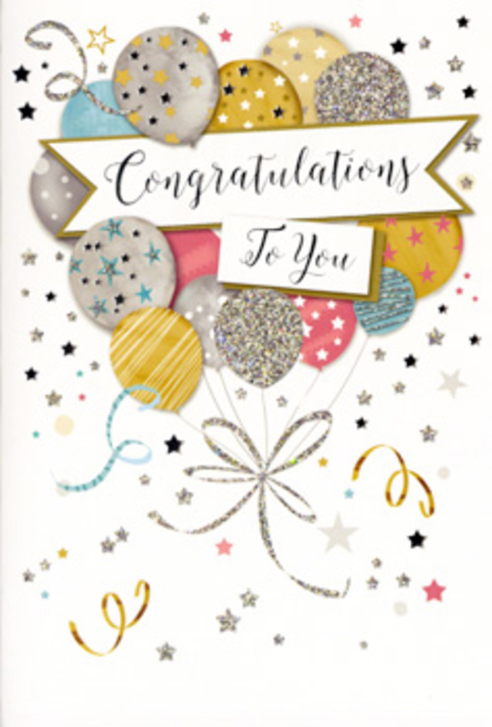 This congratulations card presents a scene of celebration that feels at home among Fitzrovia's mix of creativity and calm. At its heart, a cluster of illustrated balloons rises in a loose, organic arrangement, like a balloon bouquet positioned behind a vase of fresh flowers. The balloons themselves are rounded and slightly elongated, drawn in sophisticated shades of metallic gold, gentle silver, champagne cream, airy sky blue, soft blush pink, and understated grey. Each one is embellished with fine decorative elements: tiny stars sparkling across some surfaces, slender glittering stripes running vertically or diagonally on others, and subtle dotted patterns that glint as though they were catching soft studio lighting from a nearby Fitzrovia loft. From the base of this balloon gathering, delicate ribbons trail down in arcs of gold and silver, curling in relaxed loops that echo the kind of finishing touches a florist adds when tying the final bow on a celebratory bouquet. The background remains light and uncluttered, sprinkled with an easy scattering of star shapes, small flecks of confetti, and swirling lines, all drifting around the balloons in a way that suggests movement and joyful energy without feeling busy. Cutting across the centre of the card, a gently curved banner stretches from one side to the other. Upon it, in smooth, elegant script, is written a single word: Congratulations. The calligraphy feels both polished and sincere, like carefully chosen words spoken at a gathering to honour someone's success. The overall composition radiates warmth, pride, and quiet glamour-perfect for pairing with same-day flower delivery in Fitzrovia to celebrate exam results, a promotion in a nearby office, or a creative achievement in one of the local studios. It is a card that visually reflects happiness and admiration in every detail.