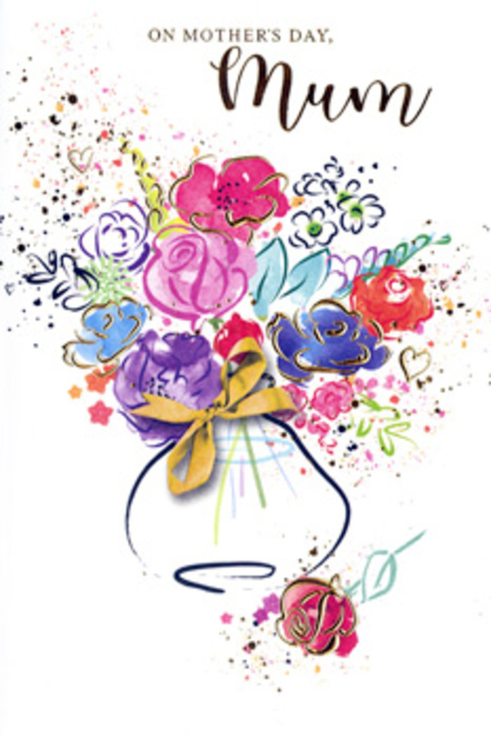 The card presents a lively, artistic bouquet that feels as if it could have been sketched in a sunlit Fitzrovia studio, then washed over with watercolour to celebrate Mother's Day. Strong yet fluid strokes of hot pink, cerise, and berry red gather to suggest lush blooms in full flower, their edges loosely defined by deep indigo lines that provide shape without stiffness. Interspersed among these striking tones are softer, translucent touches of lavender, cornflower blue, and apricot, evoking smaller blossoms and buds that add gentle movement and rhythm. Here and there, glints of gold trace along petals and the faint impression of leaves, like strands of light picking out texture and depth in an arrangement placed near a window overlooking Rathbone Place. The flowers appear to emerge from a whimsical vase at the lower centre of the card, its rounded body suggested with minimal, confident strokes, topped by a neat golden bow that speaks to the thoughtful finishing touches familiar to Fitzrovia's independent florists. Surrounding the main bouquet, carefree flecks of pigment and tiny painted hearts feel like joyful afterthoughts, reminiscent of petals fluttering down after being tossed in celebration along Charlotte Street. The background remains a clear, velvety white, offering breathing space around the design and highlighting the bouquet's vibrant palette. Though entirely two-dimensional, the layering of colours and varied brushwork create a sense of depth and texture, inviting the viewer to imagine the softness of petals and the faint, sweet scent of fresh flowers. The card reads visually as a keepsake-an artistic bouquet that will never wilt, holding a message of gratitude, admiration, and enduring love between mother and child.