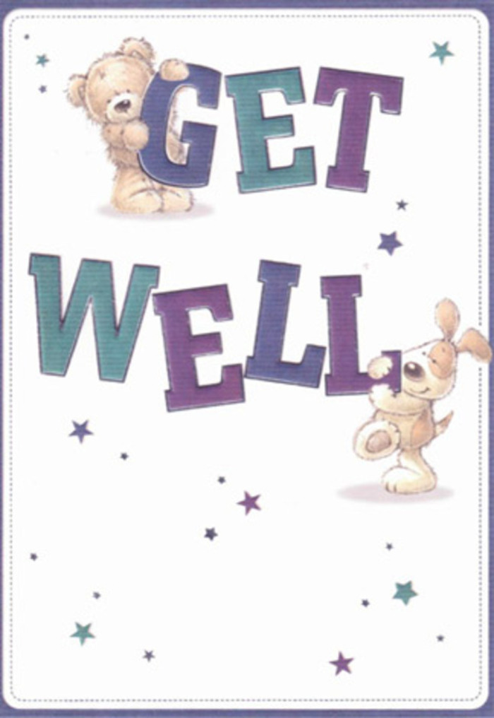 A charming illustrated get well card features two endearing characters who seem to collaborate on offering encouragement, like neighbours in Fitzrovia quietly looking out for one another. The main message, Get Well, is written in large, confident letters that stack slightly, each letter shaded in bands of indigo, deep purple and teal. The colours blend in soft gradients that give the typography weight yet retain a friendly, storybook quality. Perched at the top of the word GET is a soft, brown teddy bear, its rounded muzzle, stubby paws and gently highlighted fur drawn so you can almost feel the worn, plush texture under your fingertips. At the base, a floppy-eared puppy supports and nudges the word WELL, its body low and playful, with a wagging tail and curved back suggesting eager motion, as though trying to push the words closer to the person who needs them. Tiny stars and spark-like shapes in various tones of blue and purple float across a crisp, off-white background, echoing the sparkle of city lights you might see walking home along Great Titchfield Street in the evening. The composition is open and uncluttered, the generous white space bringing a sense of calm cleanliness that feels especially soothing when someone is unwell. Though no flowers appear, the card carries the same emotional resonance as a carefully arranged bedside bouquet: quiet optimism, gentle humour and sincere well-wishing. From the textures of the fur to the lively letterforms, every detail works together to send a warm, reassuring message of recovery and care.