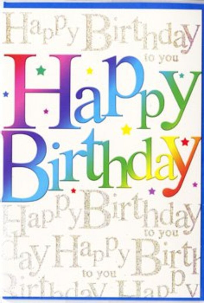 The image shows a luxurious birthday card whose front design radiates the kind of understated yet vibrant style you might spot in a boutique near Goodge Street in Fitzrovia. At the centre, the message Happy Birthday stretches across the card in large, smooth-edged letters that gently rise in a graceful arc, like a festoon of bunting at a cheerful celebration. Each letter shines in a different shade, arranged in a gentle rainbow progression-from deep red and rosy pink through amethyst and sapphire, into leafy greens, and finally warm gold and soft lemon. The colours flow effortlessly into one another, with a velvety, saturated quality that gives the text a luminous, almost three-dimensional look. The surface seems lightly glossy, suggesting a premium print that catches the light when tilted. Behind this bold central greeting, a backdrop of fine, gold cursive repeats Happy Birthday to you in delicate loops and swirls. The metallic ink has a subtle sparkle, like the glimmer of candlelight reflected in a Fitzrovia restaurant window, creating a sense of depth without overwhelming the main design. Tiny dots and specks of colour, echoing the rainbow letters, are sprinkled gently around the text, as if a handful of confetti has just settled back onto the card. The overall mood is joyful yet refined, perfect for marking anything from a milestone birthday to an intimate gathering with friends. It is easy to imagine this card chosen from a display beside fresh blooms at Fitzrovia Flowers, then tucked into a bouquet for same-day delivery across Fitzrovia, bringing a polished splash of colour and heartfelt wishes to someone's special celebration.
