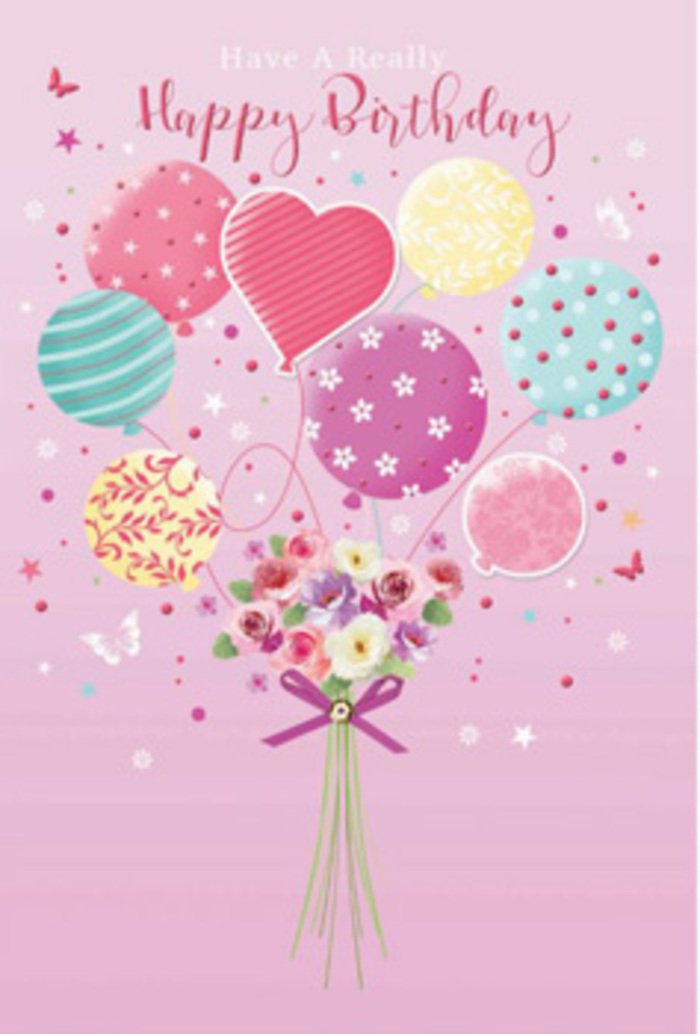 Elegant birthday card artwork portraying a pastel balloon bouquet lifting a graceful cluster of flowers, described in the thoughtful tone of a seasoned Fitzrovia florist advising a customer. The composition rests on a smooth, blush-pink background that provides a gentle, modern canvas, much like the soft interiors of the area's boutique studios and cafés. At the base of the design, a hand-tied bouquet gathers petite roses and daisy-like blooms in a compact, rounded cluster. The petals are drawn with fine, feathery detail, shaded from creamy white through blush and rose to pale mauve, giving the impression of soft, velvety textures that invite the fingertips. The stems are slim and tidy, all neatly bound with a shimmering purple bow whose satin loops are highlighted along the edges to suggest a subtle, elegant shine. From this floral anchor, balloons rise in a loose spray, as if lifting the bouquet gently upward. They appear in rounded and heart-shaped forms, overlapping like layers of pastel clouds in the sky above Fitzroy Square. Each balloon bears its own playful decoration: stripes that twist like ribbons in a breeze, cheerful polka dots, floral doodles, and delicate swirls, painted in harmonious shades of pink, teal, sea green, lemon, and lavender. A central heart-shaped balloon adds an intimate note, perfect for marking a cherished birthday. Soft light spills across the scene, catching the glossy surfaces of the balloons with gentle highlights and illuminating the blossoms below, making the colours appear fresh and lively as though just arranged for same-day birthday delivery around Goodge Street or Oxford Street. Tiny stars and butterflies drift between the balloons and flowers, creating a sense of movement and magic, as if the whole card were a snapshot of a joyful moment frozen in mid-air.
