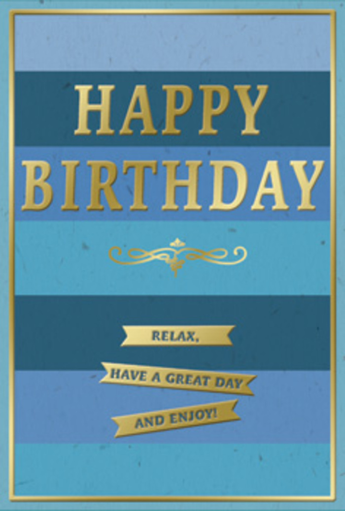 This graceful birthday card pairs cool blue tones with glowing gold details, much like the contrast between Fitzrovia's soft evening skies and its warmly lit windows. The entire front of the card is designed as a series of generous, horizontal blue stripes, stacked from top to bottom. Each band shifts slightly in tone-from dark navy and stormy blue to teal, ocean, and pale sky-creating a subtle ombre effect that feels both calm and contemporary. These layers of blue suggest depth and space, reminiscent of looking down a long Fitzrovia street as the light gently fades. Centered prominently across this tranquil background, the words HAPPY BIRTHDAY are embossed in broad, capital letters of luminous gold foil. The metallic sheen adds a touch of luxury, reflecting light in soft gleams rather than harsh flashes. Just below this headline greeting, a delicate gold flourish curls in a symmetrical, almost calligraphic pattern, acting as a graceful divider between the main title and the words beneath. Under the flourish, three slender gold banners are arranged in an orderly column. Each banner appears slightly raised, edges crisp, as if carefully pressed into the card. Together, they communicate the message Relax, have a great day and enjoy!-a sentiment that invites the recipient to slow down and appreciate their birthday as a moment of respite. The card's surface seems smoothly matte, giving a velvety backdrop for the glossy gold to shine. Around the entire design, a thin gold frame runs with even precision, neatly enclosing the artwork like a small, treasured print you might display in a Fitzrovia flat. The overall effect is quietly luxurious and heartwarming, ideal for accompanying a bouquet from Fitzrovia Flowers delivered to celebrate a special birthday with understated style.