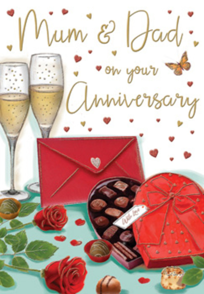 This anniversary card illustration presents a richly detailed celebration scene that feels as if it could be unfolding in a cosy Fitzrovia apartment near Berners Street or the quiet corners of Newman Street. Two slim champagne flutes dominate the upper part of the image, filled with pale golden champagne that sparkles with fine bubbles. The bubbles rise in slender streams, frozen in that perfect moment before the rims meet for a gentle clink. The glass is rendered with subtle reflections, suggesting soft ambient lighting and a warm evening glow that bounces off the polished tabletop beneath. Directly in front of the glasses, a heart-shaped chocolate box sits slightly angled towards the viewer. Its base is a rich, velvety red, and the open lid reveals rows of meticulously drawn chocolates-each nestled in its own dark paper cup, with smooth surfaces that hint at ganache and praline fillings. A lush red satin bow, full and carefully tied, is fixed firmly on top of the lid, its ribbon trailing slightly to one side in elegant curves. Resting beside the chocolates are two red roses, laid horizontally on a generous bed of green foliage. Their petals are plump and velvety, layered in soft spirals that echo the look of freshly delivered blooms from a local Fitzrovia florist. The greens around them are glossy and slightly varied in shape, giving the arrangement a natural, hand-touched feel, like the bouquets we prepare for anniversary deliveries across Fitzrovia and nearby Soho. A bright scarlet envelope lies just beneath, sealed with a small heart, suggesting a note written to loving parents or a cherished couple. All around, delicate crimson and gold hearts drift over a warm-toned, softly textured background, adding a gentle shimmer. The composition quietly conveys romance, gratitude, and the pleasure of marking another year of shared life in the heart of the city.