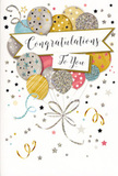 The congratulations card shown here is a graceful celebration in paper form, the kind you might send alongside a hand-crafted bouquet arranged in Fitzrovia. At the centre, a generous bunch of balloons floats upward, forming a vertical column of colour and light. The balloons are smoothly rounded and drawn in a harmonious blend of metallic gold, silver, champagne, sky blue, blush pink, and soft grey. Their surfaces are alive with decorative touches: scattered star motifs shimmer like tiny constellations, fine stripes of glitter wrap around some of the balloons, and delicate speckles add a subtle sparkle reminiscent of city lights along nearby Tottenham Court Road after dark. The balloons are gathered at the bottom by thin, flowing ribbons in gold and silver, which curl and loop downwards like elegant streamers, giving the whole composition a hand-finished, celebratory feel. Around the balloon cluster, a sprinkling of stars, confetti dots, and airy swirls drifts across a pale, uncluttered background, suggesting movement and festivity without overcrowding the scene. In the middle of the design, a gently flowing banner stretches horizontally, as if floating among the balloons. On this banner, the word Congratulations is written in graceful, cursive script, the letters looping smoothly to convey both warmth and formality. The overall impression is one of poised joy and heartfelt pride-ideal for marking milestones such as graduations, job promotions, new ventures, or personal triumphs in and around Fitzrovia. When paired with fresh flowers, this card becomes part of a complete gesture of appreciation and celebration, capturing the recipient's big moment in a charming, timeless way.