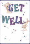 A whimsical get well card illustration shows a cuddly teddy bear and a floppy-eared puppy working together to deliver a bright message of recovery. Against a clean, creamy white background, the words Get Well appear in bold, oversized letters shaded in rich indigo, deep purple and teal, with soft gradients that give the text a slightly three-dimensional feel. The bear, round-bellied and soft-looking, clings cheerfully to the top of the word GET, its fur rendered with gentle, feathery strokes that suggest the feel of a much-loved toy. Below, the puppy balances and nudges the word WELL, its velvety ears flopping to one side, tail lifted in a hopeful, wagging pose that radiates friendly energy. Scattered around them, small starbursts in blues and purples sparkle like tiny bursts of optimism, echoing the night sky over Fitzrovia on a crisp evening walk near Charlotte Street. The artwork is simple yet carefully composed, with plenty of breathing space so the eye can rest, much like the calm you feel stepping into a quiet local studio or a flower shop. Though this is not a bouquet, the mood is similar to sending a comforting arrangement across Fitzrovia to someone resting at home or recovering at a nearby clinic: tender, encouraging and light-hearted. The card's overall impression is one of clean, gentle reassurance, as if the two little friends are standing at the bedside, silently promising brighter days and better health ahead.