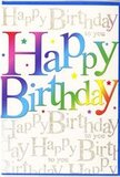 This birthday card has a front cover that feels as bright and chic as a Fitzrovia café on a sunny afternoon. The central feature is the phrase Happy Birthday, written in broad, rounded letters that form a gentle arc across the card, suggesting the curve of a festive banner over a party table. Each letter is filled with a smooth gradient of colour, creating a full rainbow effect that begins with intense cherry red and raspberry pink, glides through plum and royal blue, melts into teal and fresh green, and finally settles into glowing amber and lemon yellow. The colours appear rich and even, with a subtle sheen that hints at a quality, slightly glossy finish. Behind this colourful declaration, an intricate layer of gold cursive handwriting repeats the words Happy Birthday to you over and over, forming a soft, shimmering pattern. The golden script catches the light delicately, reminiscent of evening sunshine on Fitzrovia's stone terraces, adding a refined sparkle that never feels gaudy. Small, scattered specks of colour-some like tiny stars, others like confetti dots-hover around the main text, intensifying the sense of celebration without crowding the space. The overall composition balances bold, contemporary typography with elegant background detail, making it ideal for someone who appreciates style as much as sentiment. It's easy to picture this card propped beside a vase of fresh flowers on a Fitzrovia windowsill, or tucked into a bouquet arranged by local florists and sent with same-day delivery to mark a birthday with warmth, colour, and thoughtful design.