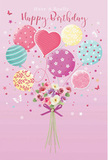 Playful birthday card scene showing pastel balloons floating above a gathered bouquet of flowers, envisioned as a stylish design you might select from Fitzrovia Flowers for a central London celebration. The backdrop is a calm, soft pink, clean and untextured, which allows every colour in the arrangement to stand out without distraction. At the bottom, a compact bouquet of roses and anemone-like blossoms is drawn with loving detail: petals softly layered and slightly ruffled at their tips, shifting from creamy ivory through delicate blush to muted mauve. These blooms sit closely together, suggesting a full, rounded posy that would look at home on a birthday table in a Fitzrovia apartment or Charlotte Street restaurant. Their slender green stems are tucked neatly beneath a violet satin bow, rendered with fine highlights that give the ribbon a glossy, almost touchable quality. Rising from this floral base, a flurry of balloons in pastel tones stretches upward in a loose, joyful arc. Several balloons show candy-coloured stripes spiralling gently, others are sprinkled with lively polka dots, and one stands out as a heart-shaped balloon glowing warmly at the centre, a quiet symbol of affection. The colour palette blends rose, teal, lemon yellow, sea green, and lavender in a way that feels both cheerful and refined, echoing the creative spirit of the surrounding W1 streets. Light glides across the balloon surfaces, giving them a soft sheen, while delicate stars and tiny butterflies hover around the design like airy birthday confetti. The overall impression is of a light, uplifting celebration-gentle, modern, and full of joyful promise for the person receiving this birthday greeting in Fitzrovia.