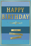 This stylish birthday card presents a sophisticated blend of tranquil blues and refined gold, as composed and inviting as a tucked-away Fitzrovia café on a slow morning. The design begins with broad horizontal stripes that fill the card from edge to edge, each band a distinct shade of blue. The colours drift gradually from rich, inky navy at one end through denim, teal, and ocean tones, finally reaching lighter, airy sky blue. This gentle progression creates an ombre-like landscape that feels expansive yet soothing. Dominating the center of the card, the message HAPPY BIRTHDAY is rendered in large, embossed gold foil letters. The all-capital typography is clean and modern, and the metallic finish picks up ambient light, casting subtle highlights that add a celebratory glimmer. Just beneath the greeting lies a delicate gold flourish, shaped like an elegant handwritten underline, bridging the space to the sentiment below. Three slender golden banners are carefully stacked beneath this flourish; their smooth, raised surfaces and fine edges stand out against the matte blue background. Read together, the banners offer a gentle instruction: Relax, have a great day and enjoy! The card seems to be printed on sturdy, smooth stock, encouraging the fingertips to trace over the embossed gold details. A narrow gold line runs neatly around the entire perimeter, creating a simple yet effective frame, as though the card is a small artwork ready to be propped beside a vase of fresh blooms. The overall mood is one of quiet joy and thoughtful elegance, making this card a perfect partner to a birthday bouquet delivered anywhere across Fitzrovia's homes, studios, and offices.