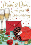 In this illustrated anniversary card, the artist creates a romantic still life that feels perfectly suited to an evening in Fitzrovia-perhaps after a dinner along Charlotte Street or a twilight walk past Fitzroy Square. At the centre of the composition, two tall champagne flutes stand side by side, filled with a pale golden fizz. Trails of fine bubbles climb steadily through each glass, catching gentle highlights so that the drink seems to glow from within. The clear glass stems and bases reflect the warm tones of the room, lending a sense of intimacy and quiet celebration. In front of the flutes rests a heart-shaped chocolate box, its smooth red base and slightly open lid suggesting an irresistible treat ready to be shared. Inside, rows of perfectly arranged chocolates sit in dark little cups, some softly domed, others square or ridged, as if each one offers a different sweet surprise. Topping the box is a lavish red satin bow, with broad, rounded loops and trailing ends that drape gracefully across the lid. Beside this indulgent centrepiece lie two lush red roses, nestled on a cushion of fresh green leaves. Their petals are deep crimson and velvety, reminiscent of the long-stemmed roses we select in Fitzrovia Flowers for heartfelt anniversary deliveries from Oxford Circus to Tottenham Court Road. A bright scarlet envelope, sealed neatly with a tiny heart emblem, rests nearby, hinting at loving words written by hand-perhaps a message to Mum & Dad, honouring years of shared life. Floating above and around the main elements, tiny red and gold hearts sprinkle the warm background with a gentle shimmer. Altogether, the image radiates warmth, tenderness, and the timeless pleasure of celebrating love with champagne, chocolate, and roses in the heart of London.